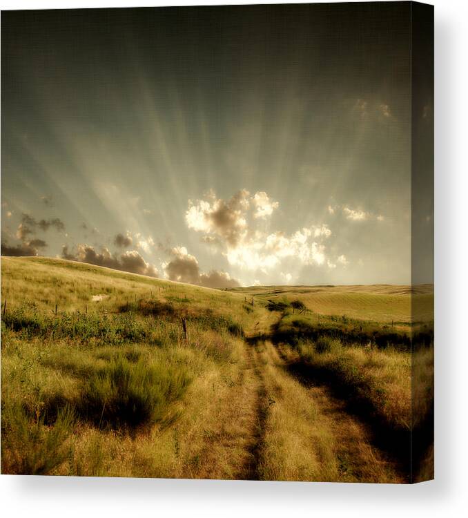 Outdoors Canvas Print featuring the photograph Old Country Road And Sunset by Moosebitedesign