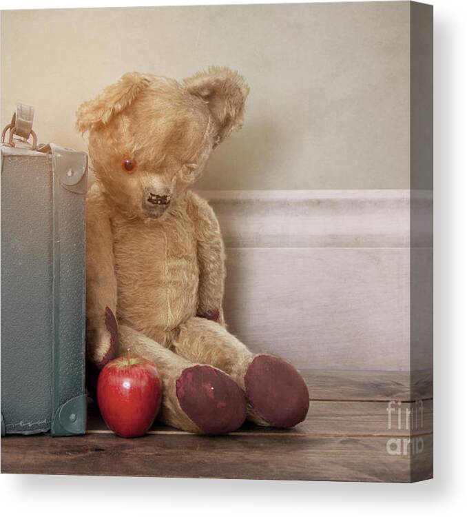 Vintage Canvas Print featuring the photograph Old Vintage Teddy Bear Sitting With A Suitcase by Ethiriel Photography