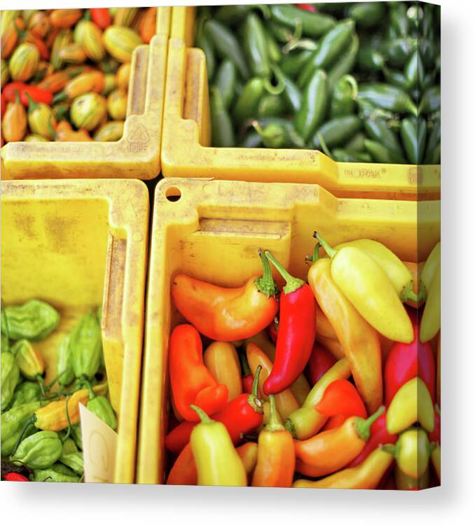 Retail Canvas Print featuring the photograph Peppers Capsicum And Tomatoes At by Nicole Kucera