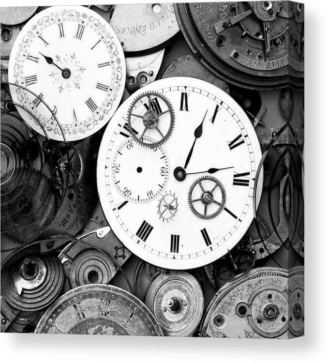 Pieces Of Old Watch Bw Canvas Print featuring the photograph Pieces Of Old Watch Bw by Tom Quartermaine