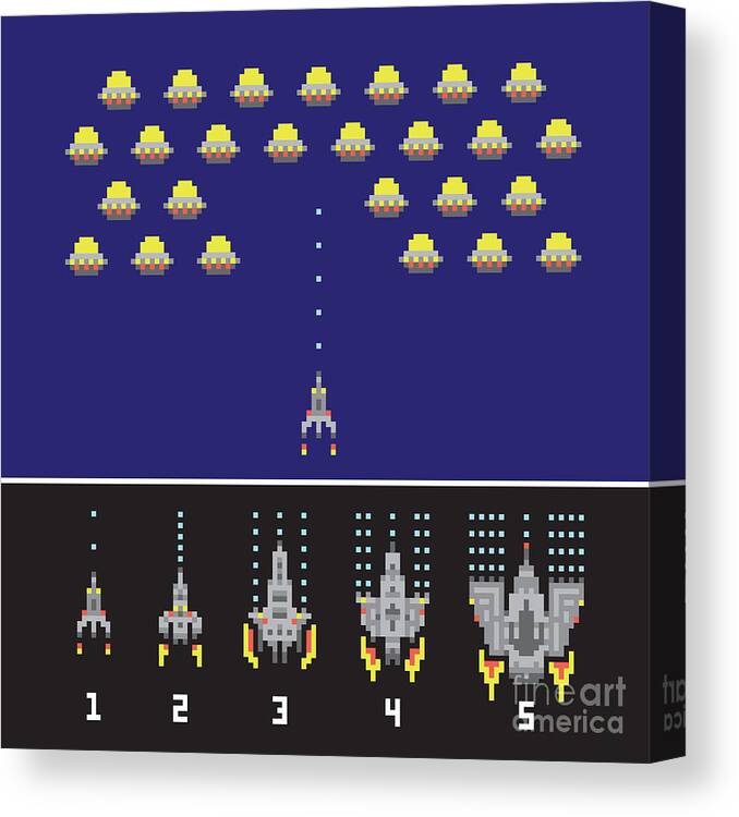 Plane Canvas Print featuring the digital art Pixel Art Style Space War And Spaceship by Dmitriylo