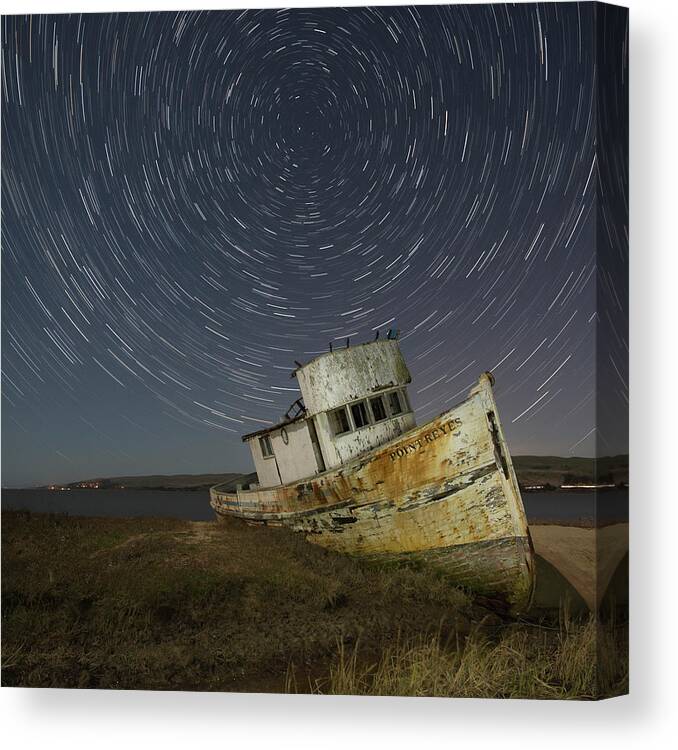 Point Reyes Boat In The Water With Stars Canvas Print featuring the photograph Point Reyes 1 by Moises Levy