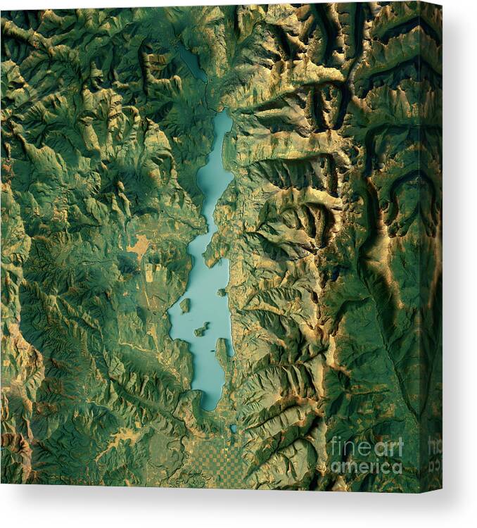 Priest Lake Canvas Print featuring the digital art Priest Lake 3D Render Topographic Map Color by Frank Ramspott