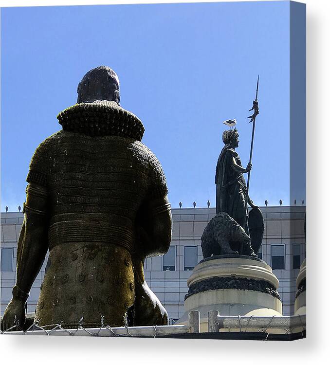Statues Canvas Print featuring the photograph Protecting Us from Evil and Pigeons by Jessica Levant