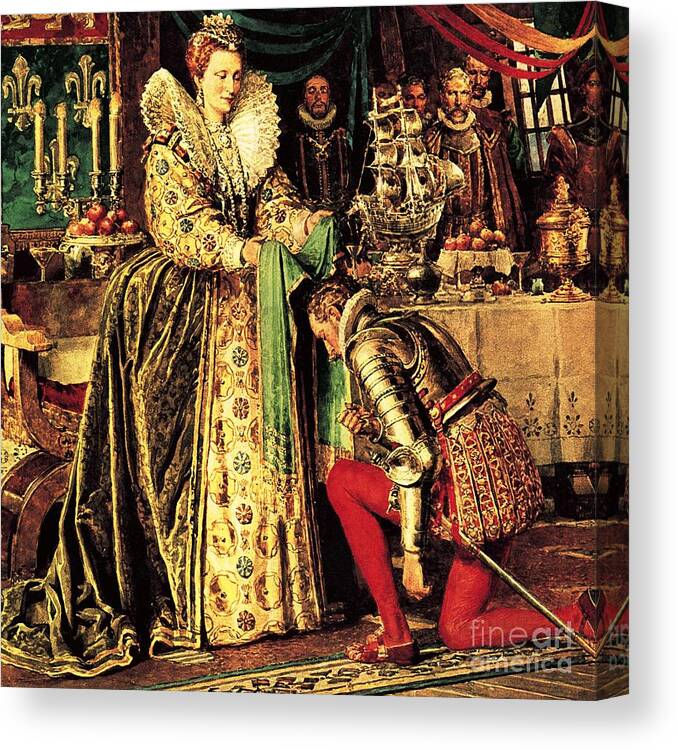 Queen Elizabeth I Knighting Francis Drake Canvas Print featuring the painting Queen Elizabeth I Knighting Francis Drake by Fortunino Matania