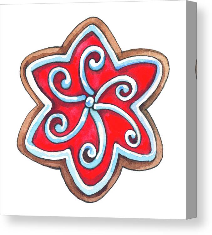 Frosted Snowflake Cookie Canvas Print featuring the painting Red Star Cookie by Wendy Edelson