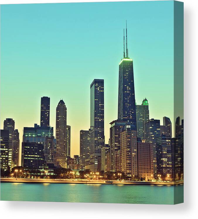 Lake Michigan Canvas Print featuring the photograph Retro Chicago Skyline At Night by Pawel.gaul