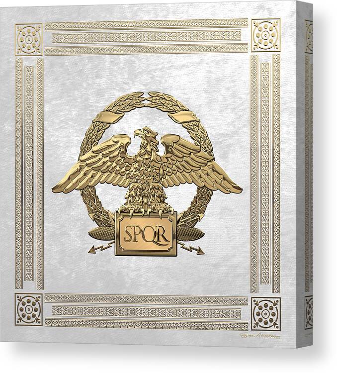 ‘treasures Of Rome’ Collection By Serge Averbukh Canvas Print featuring the digital art Roman Empire - Gold Roman Imperial Eagle over White Velvet by Serge Averbukh