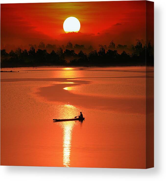 Sun Canvas Print featuring the photograph Rowling Alone by Sarawut Intarob