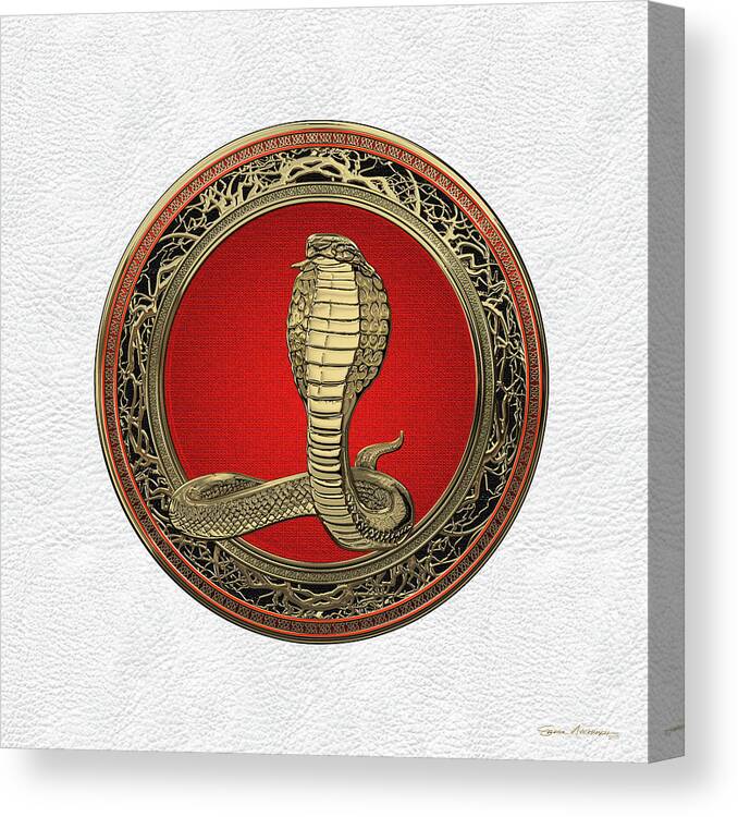 'beasts Creatures And Critters' Collection By Serge Averbukh Canvas Print featuring the digital art Sacred Gold King Cobra on White Leather by Serge Averbukh