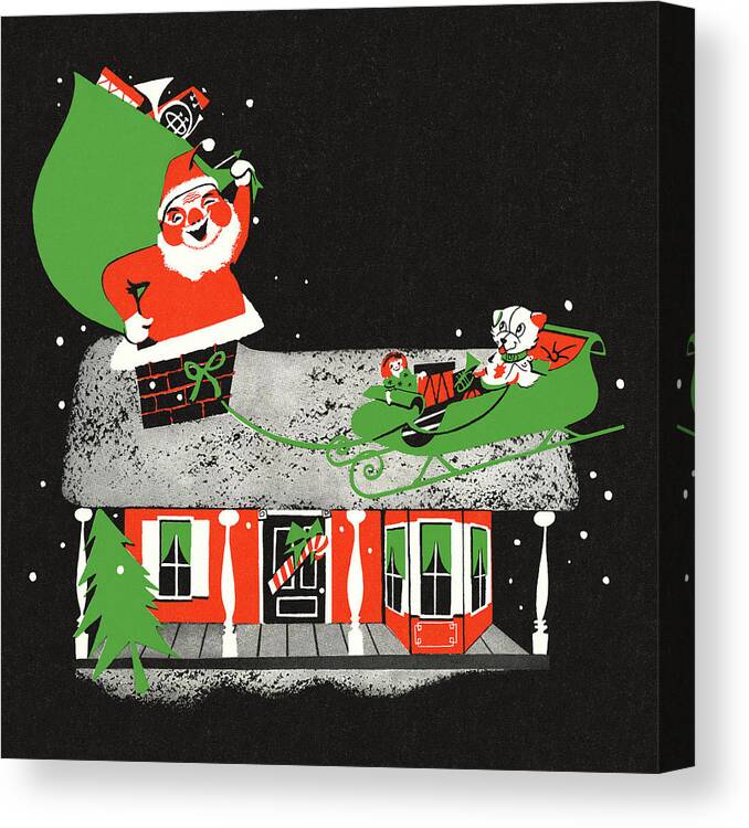 Bag Canvas Print featuring the drawing Santa Claus on the Roof of a House by CSA Images