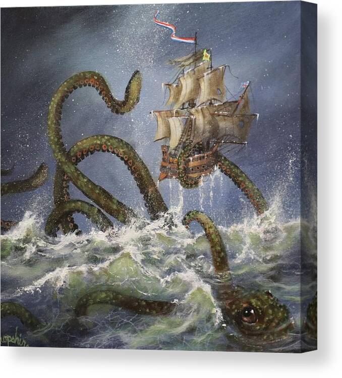 Kraken Canvas Print featuring the painting Sea Monster by Tom Shropshire