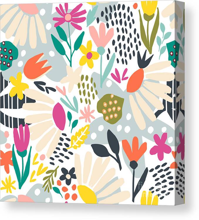 Art Canvas Print featuring the digital art Seamless Pattern With Hand Drawn Flowers by Yulia337