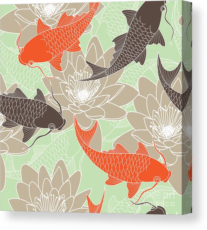 Pond Canvas Print featuring the digital art Seamless Pattern With Lotus And Carps by Tets