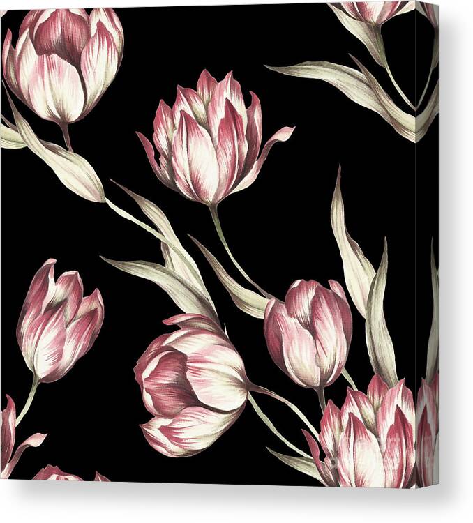 Greeting Canvas Print featuring the digital art Seamless Pattern With Tulips by Adelveys
