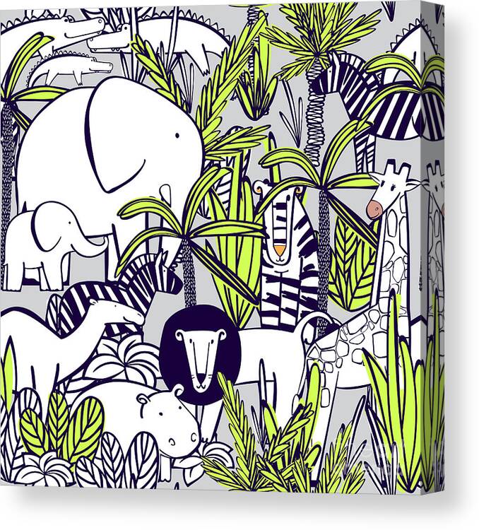 Alligator Canvas Print featuring the digital art Seamless Pattern With Wild Animals by Yulya Shmidt