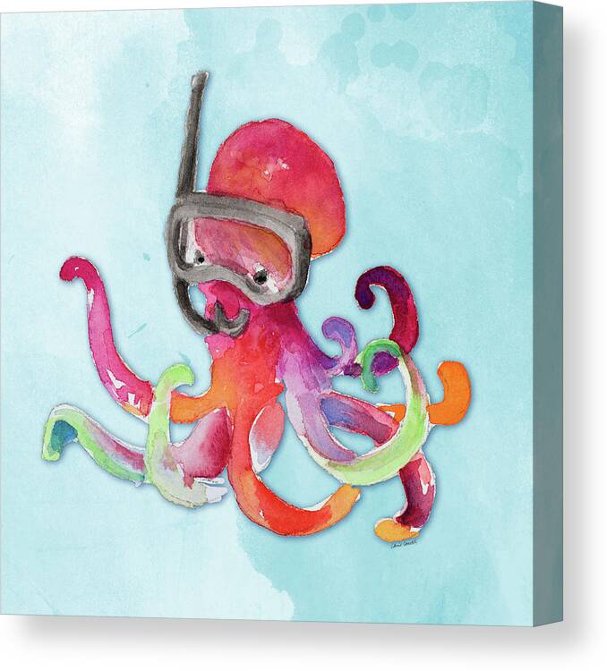 Snorkeling Canvas Print featuring the painting Snorkeling Octopus On Watercolor by Lanie Loreth
