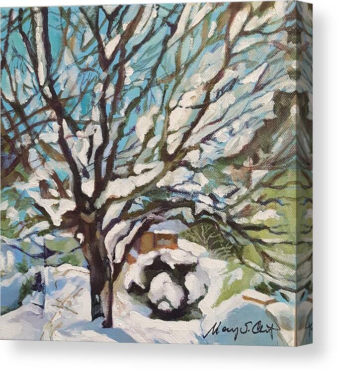 Cherry Tree Canvas Print featuring the painting Snow Covered Cherry Tree by Mary Chant