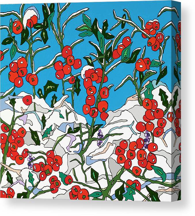 Snowberries Christmas Holiday Winter Winter Berries Holly Bush Snow December Canvas Print featuring the painting Snowberries 4 by Mike Stanko