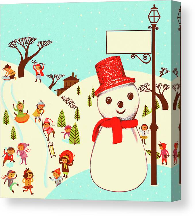 Action Canvas Print featuring the drawing Snowman and Children Sledding on a Hill by CSA Images