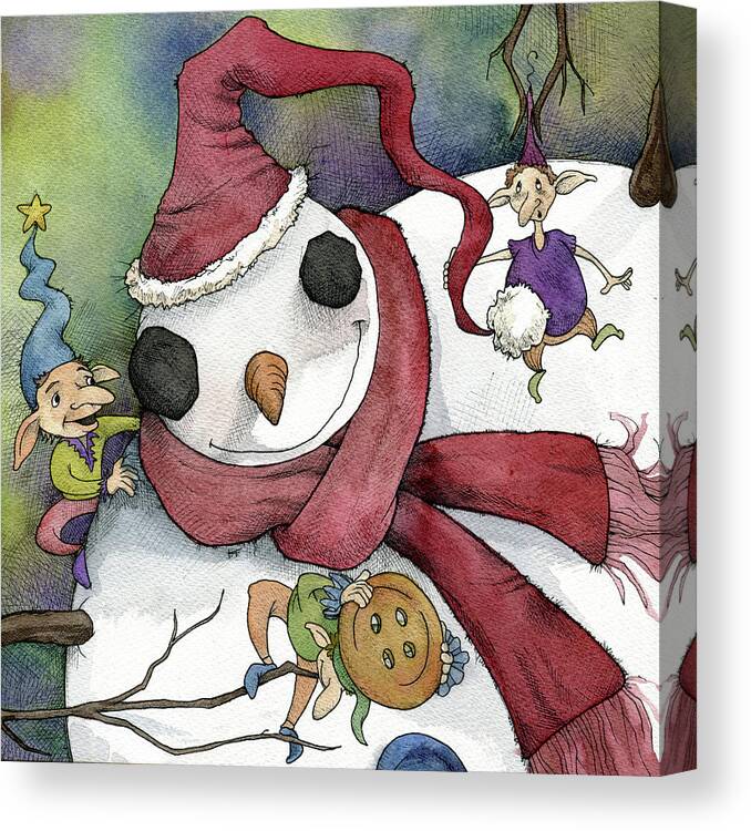 Christmas Snowman Canvas Print featuring the painting Snowman And Elves by Kory Fluckiger