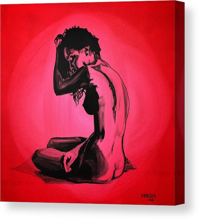 Nude Art Red Sexy Woman Love Lover Beautiful Model Brunette Hair Sitting Alone Emotion Contrast Beauty Beautiful Canvas Print featuring the painting So In Love by Sergio Gutierrez