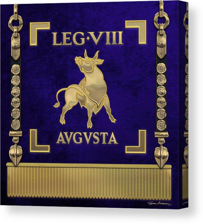 ‘rome’ Collection By Serge Averbukh Canvas Print featuring the digital art Standard of the Augustus' Eighth Legion - Blue Vexillum of Legio VIII Augusta by Serge Averbukh