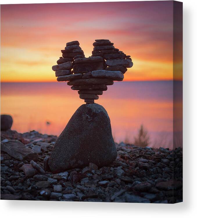 Zen Moment Meditation Peace Calm Focus Relax Balance Mind Soul Rock Yoga Wild Nature Art Love Mothernature Wilderness Fun Artist Creative Play Sculpture Beauty Artwork Sweden Canvas Print featuring the sculpture Stone heart by Pontus Jansson