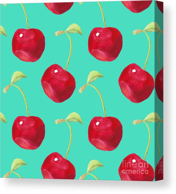 Cherry Canvas Print featuring the digital art Summer Fruit Pattern Watercolor Cherry by Artdeeva