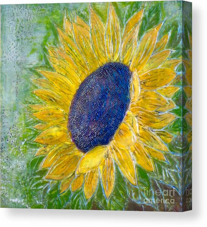 Sun Flower Sunflower Praises Flower Painting Art Yellow Green Encaustic Wax Beeswax Carved Texture Amy Stielstra Fine Art Happy Sunshine Glow Canvas Print featuring the painting Sunflower Praises by Amy Stielstra