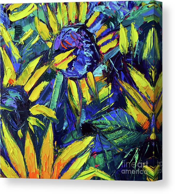 Sunflowers And Lavender Field The Colors Of Provence Canvas Print featuring the painting SUNFLOWERS Detail - palette knife oil painting Mona Edulesco by Mona Edulesco