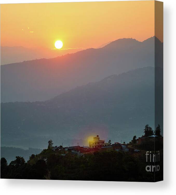 Himalaya Canvas Print featuring the photograph Sunset above mountain in valley Himalayas mountains by Raimond Klavins
