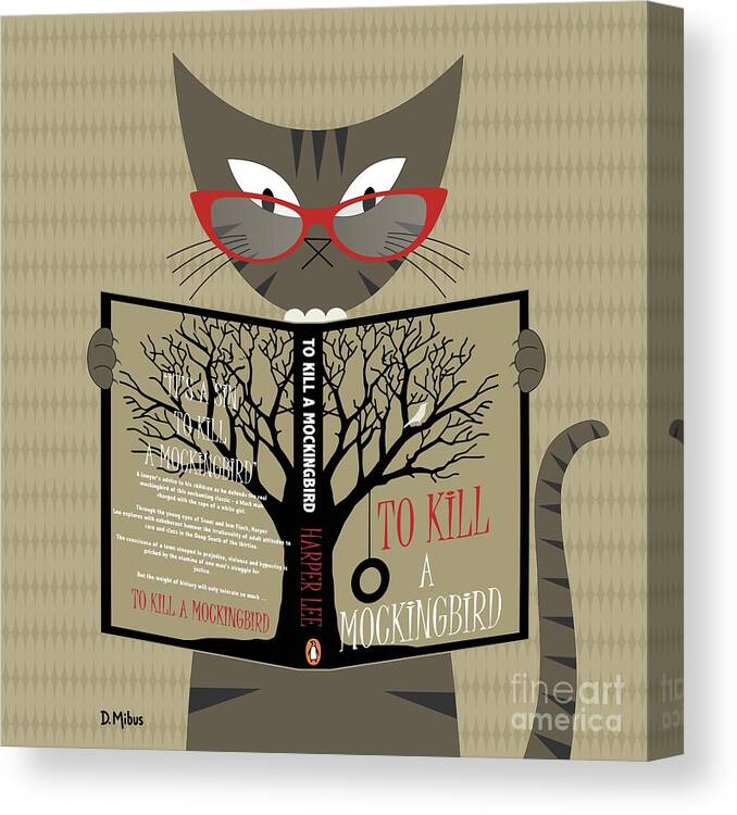 Mid Century Modern Canvas Print featuring the digital art Tabby Cat Reading by Donna Mibus