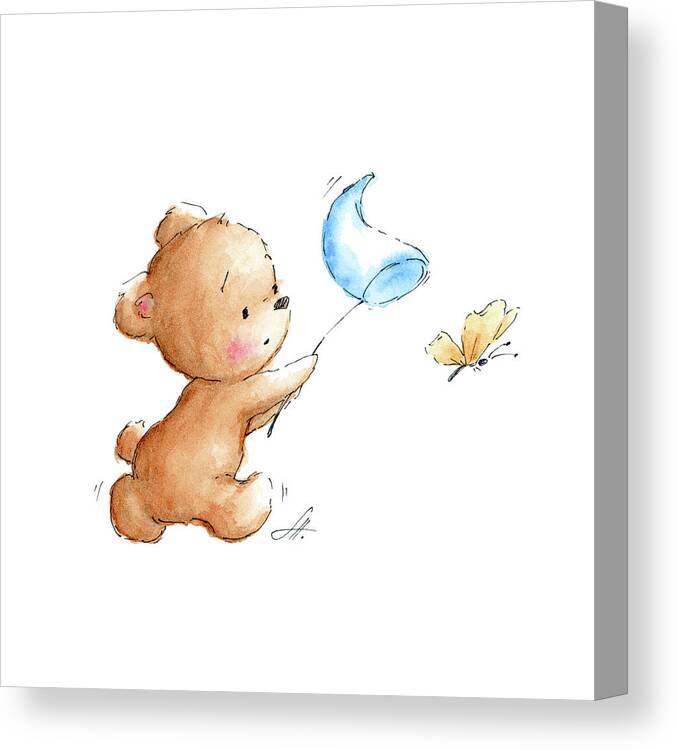 Baby Canvas Print featuring the drawing Teddy Bear With A Butterfly by Anna Abramskaya