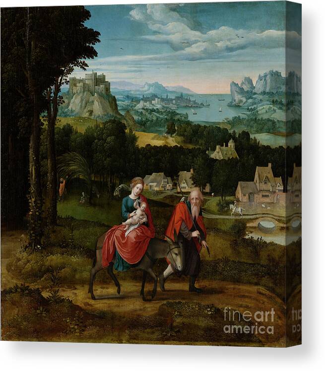 Flight Into Egypt Canvas Print featuring the painting The Flight Into Egypt By Master Of Female Half Lengths by Master Of Female Half Lengths
