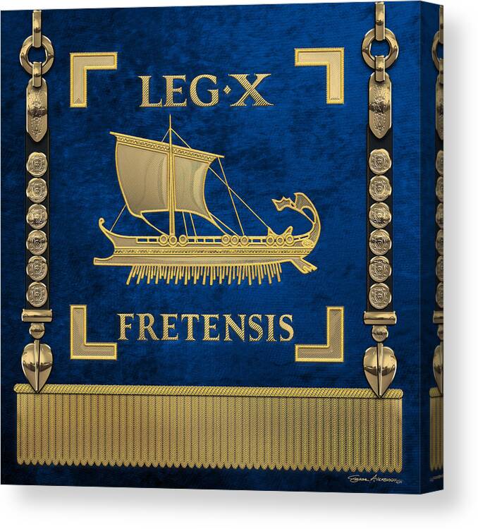 ‘rome’ Collection By Serge Averbukh Canvas Print featuring the digital art Trireme Standard of the 10th Legion of the Strait - Blue Vexilloid of Legio X Fretensis by Serge Averbukh
