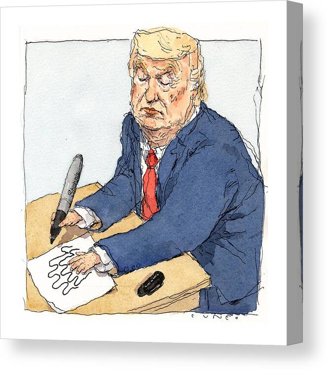 Captionless Canvas Print featuring the painting Trump's Shrinking Hand by John Cuneo