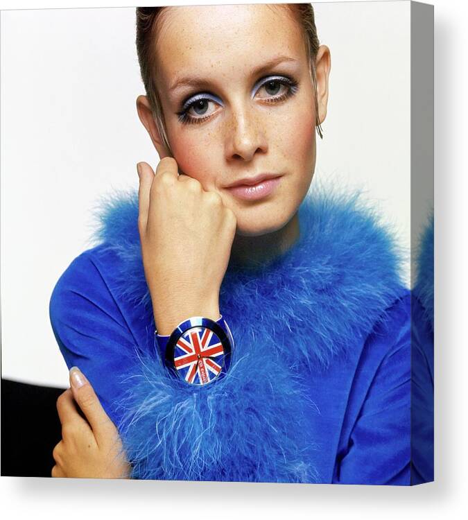 Twiggy Canvas Print featuring the drawing Twiggy in Blue with Union Jack Watch by Bert Stern