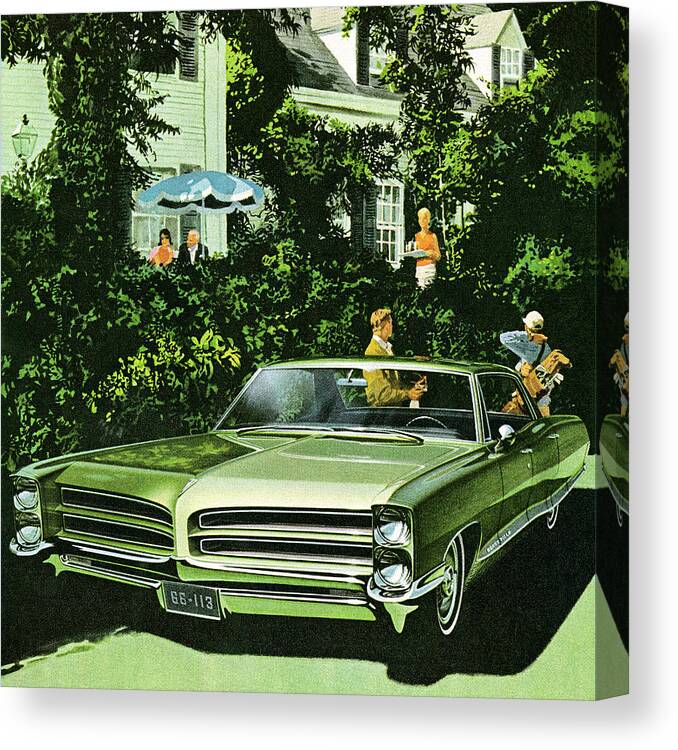 Auto Canvas Print featuring the drawing Two Men With Vintage Green Car by CSA Images