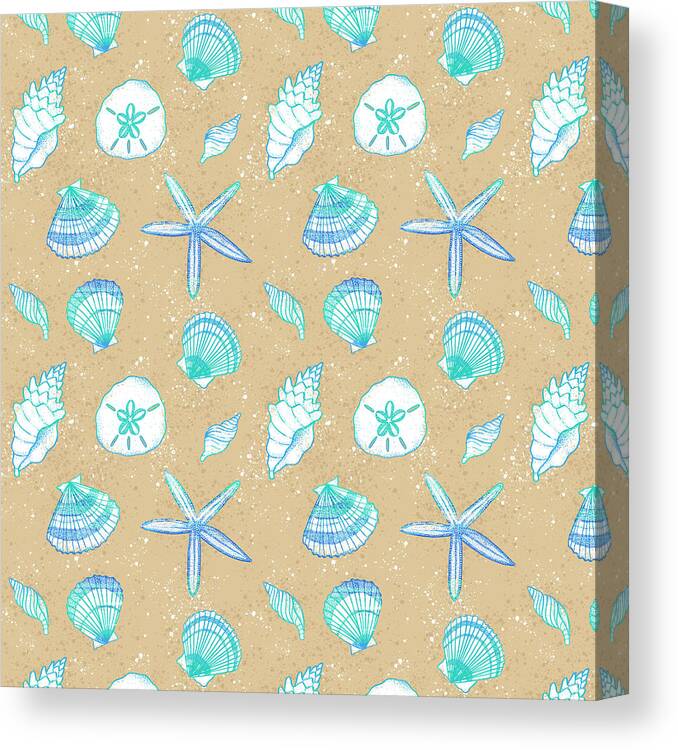 Pattern Canvas Print featuring the painting Vibrant Seashell Pattern Tan Sand Background by Jen Montgomery