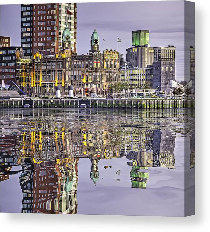Architecture Canvas Print featuring the digital art Water Reflection Hotel New York Rotterdam by Frans Blok