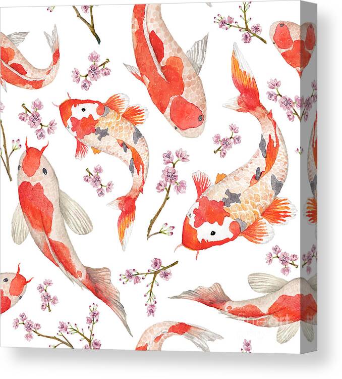 Koi Canvas Print featuring the digital art Watercolor Oriental Pattern by Eisfrei