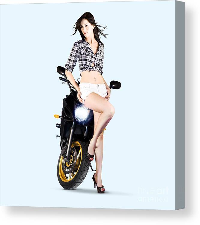 Motorbike Canvas Print featuring the photograph Woman Leaning On A Motorbike by Jorgo Photography