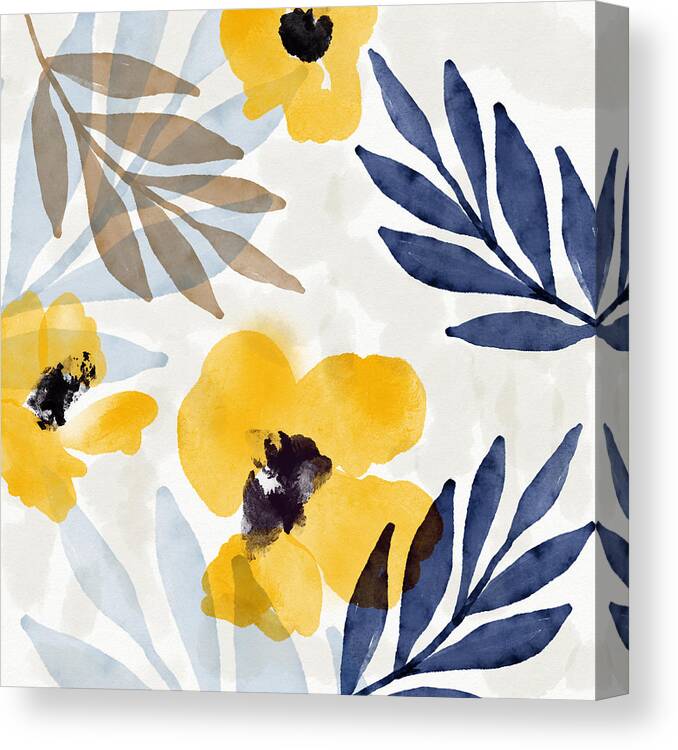 Flowers Canvas Print featuring the mixed media Yellow and Navy 3- Floral Art by Linda Woods by Linda Woods