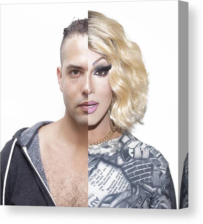 Young Men Canvas Print featuring the photograph Drag queen before and after make-up #1 by Hex