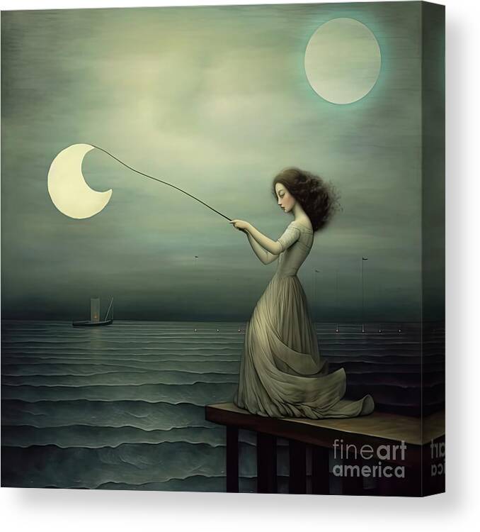 Surreal Canvas Print featuring the painting Fishing for the Moon #2 by Mindy Sommers