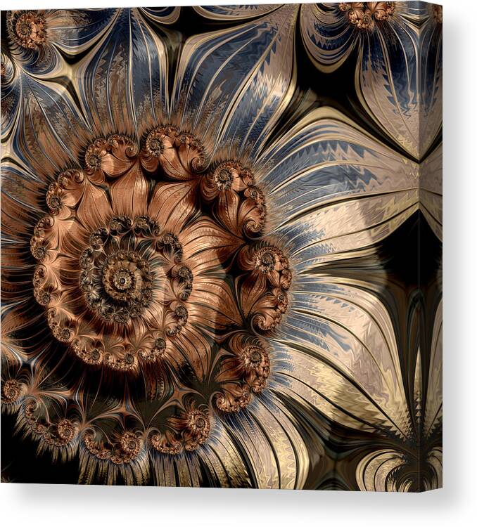 Bronze-and-blue Canvas Print featuring the digital art Fractal Flower #1 by Bonnie Bruno