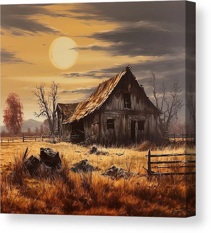 Old Barn Canvas Print featuring the digital art Golden Moon Over the Countryside #1 by Lourry Legarde