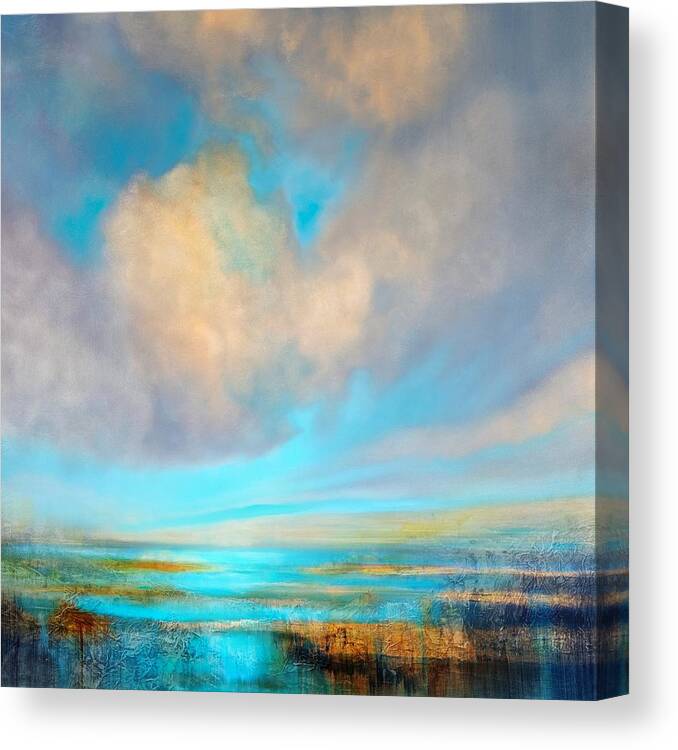 Sun Canvas Print featuring the painting Happiness - soft clouds over a blue water #1 by Annette Schmucker