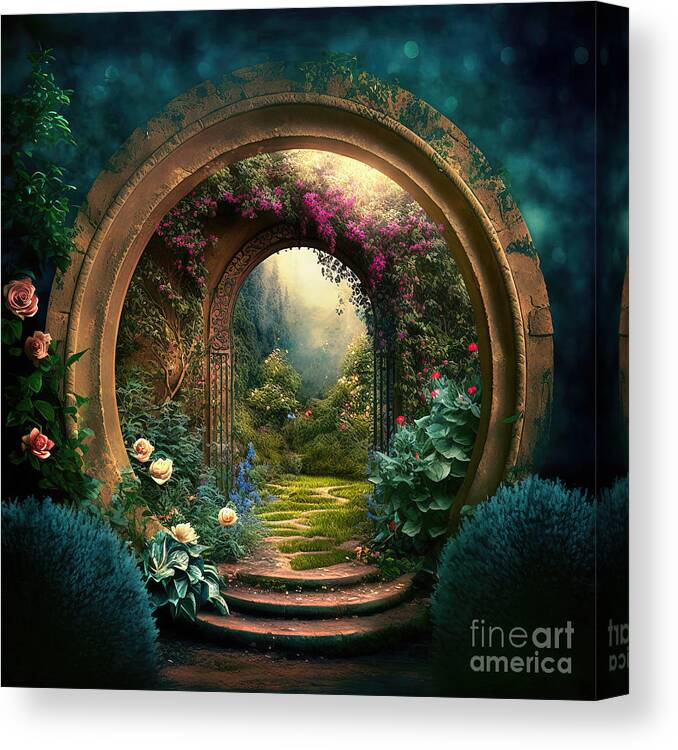Magic fairytale garden with arch and stairs, generative ai #1 Canvas Print